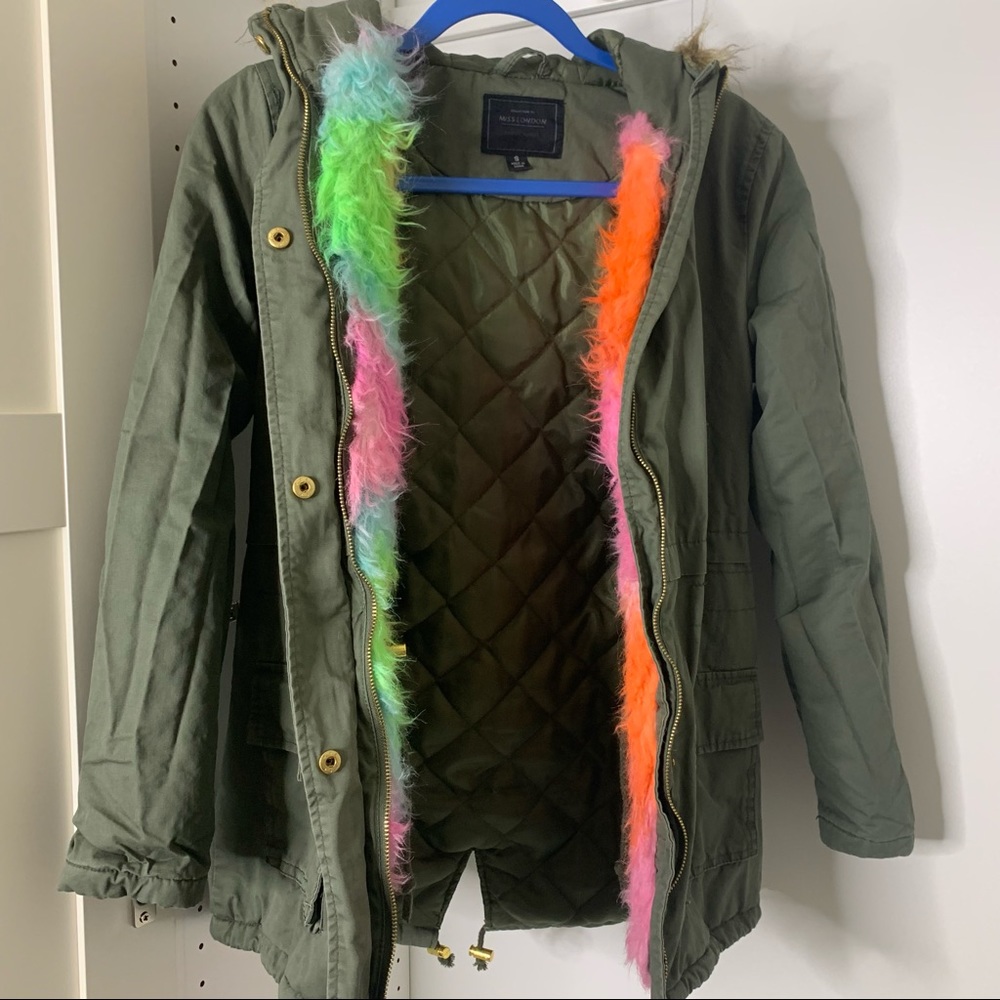 5/$25 Sale ☀️ Miss London Anorak w/ Rainbow Faux Fur Lining